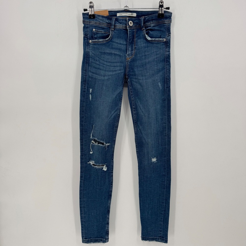 ZARA Women Jeans Blue Denim Skinny Ripped‎ Distressed Size 02